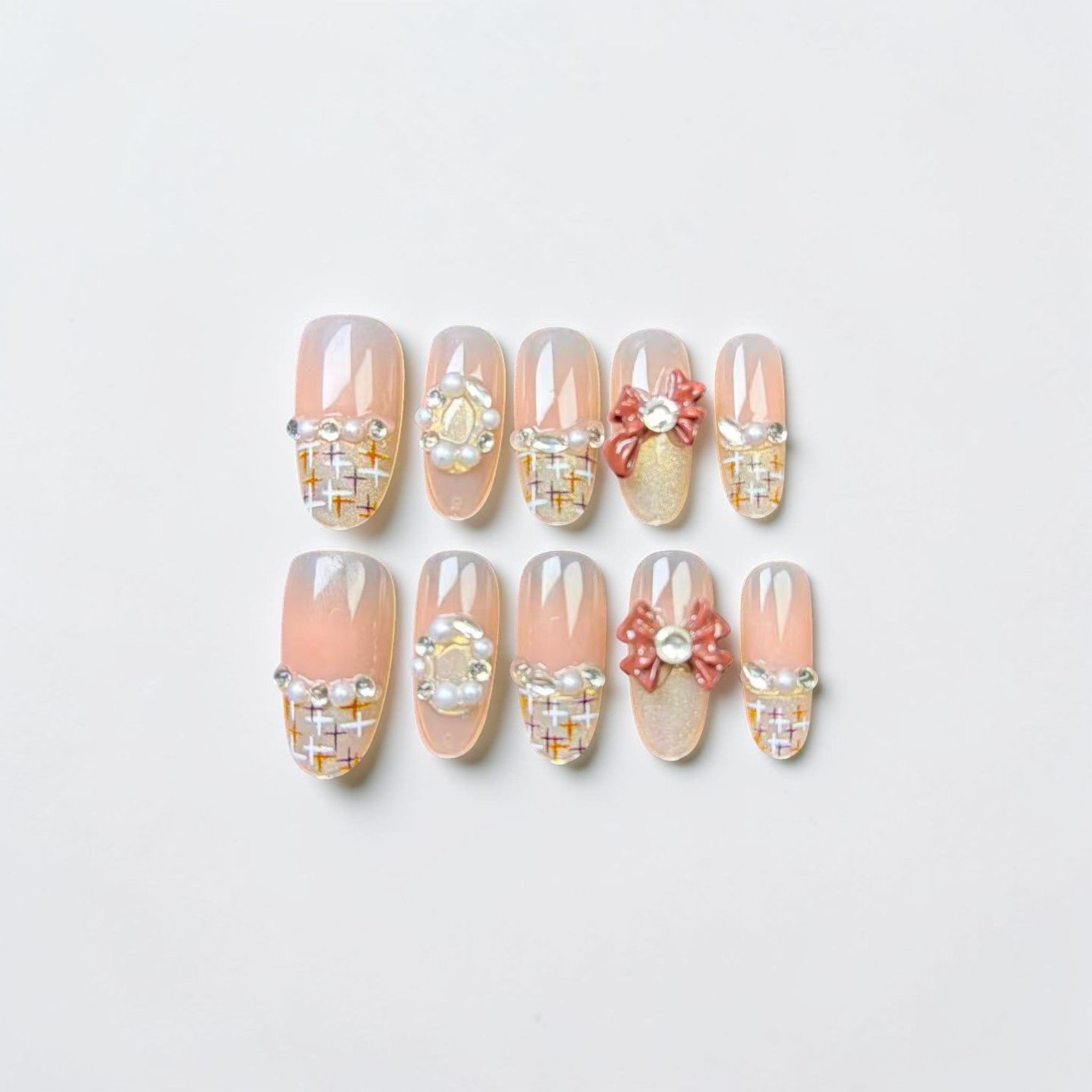 Peach Bow Tweed Press On Nails