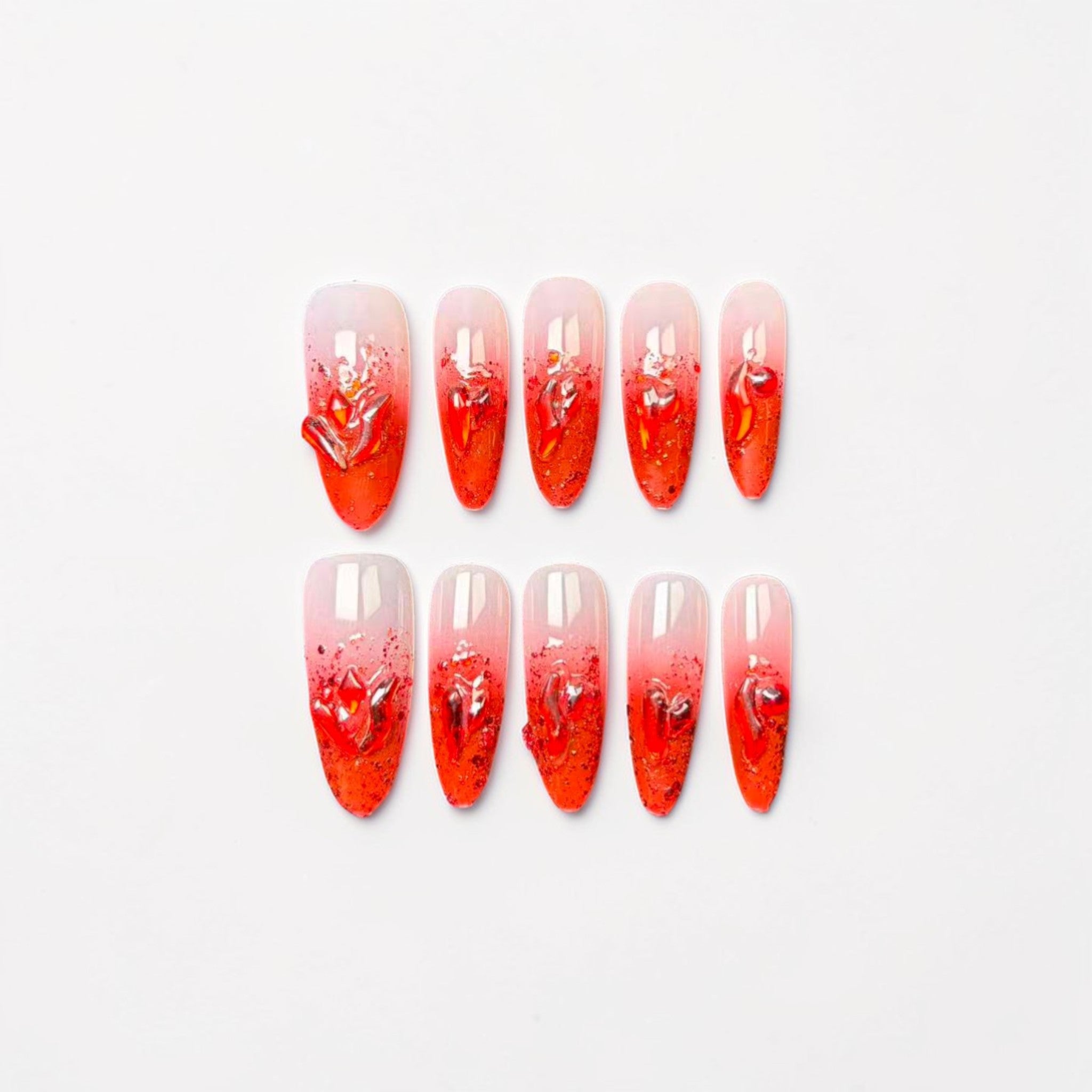 Red Glitter Ombre Press On Nails with Gem Accents