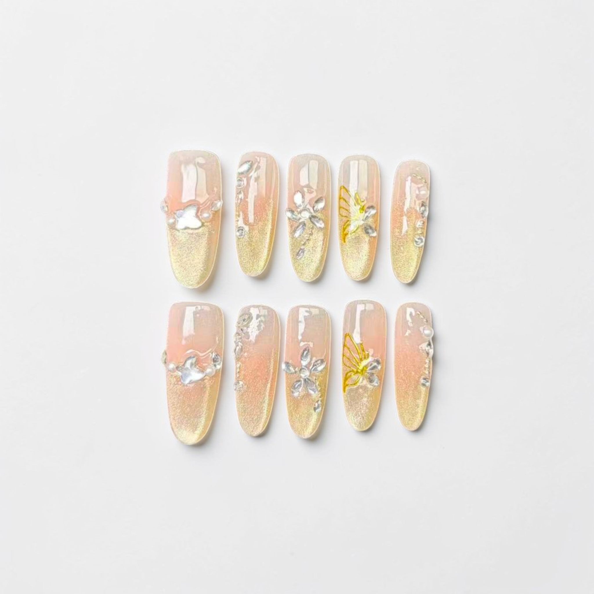 Champagne Butterfly Press On Nails with Crystal Details
