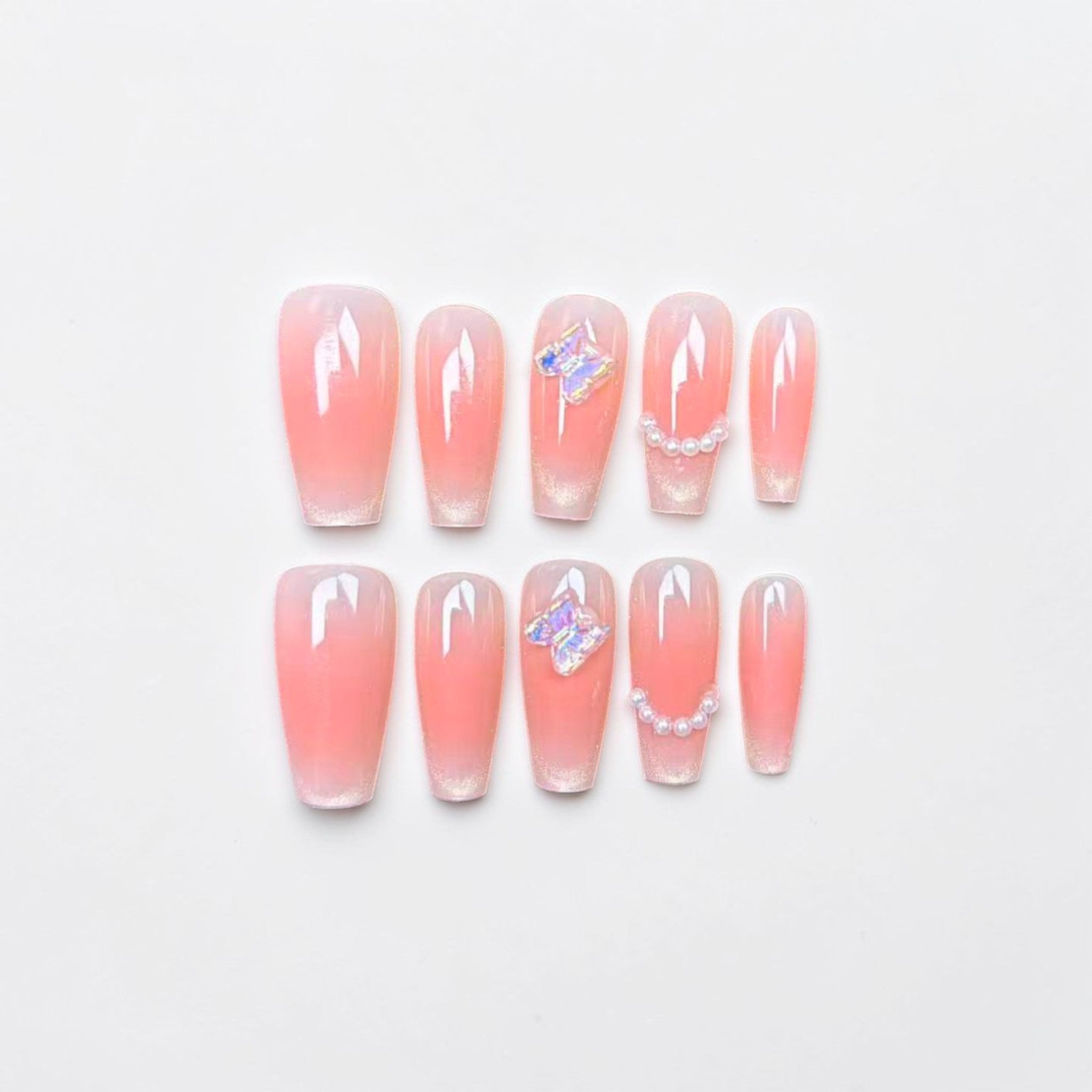 Peach Butterfly Pearl Press On Nails