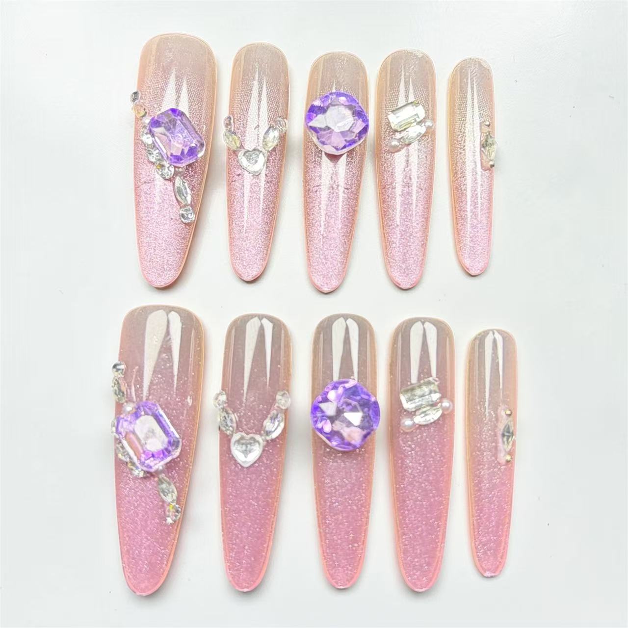 Pink Glitter Press On Nails with Purple Gem Accents