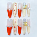 Red Gold French Tip Press On Nails with Heart and Gem Accents