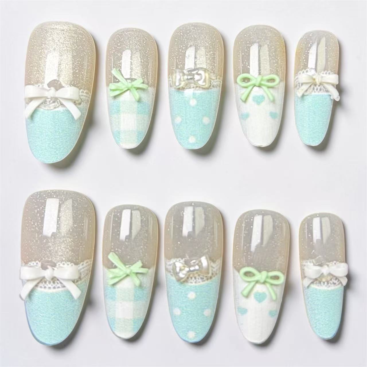 Mint Bow Press On Nails