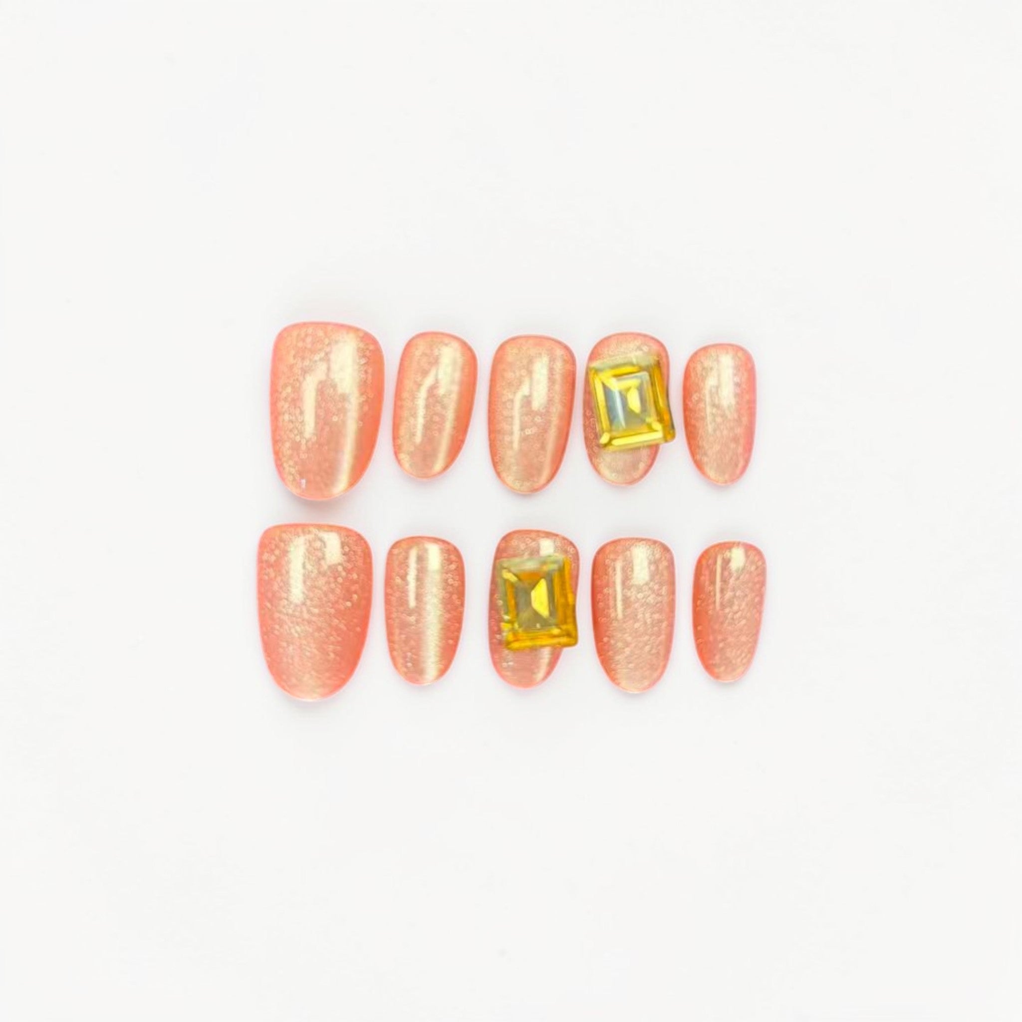 Peach Cat Eye Press On Nails with Gem Accent