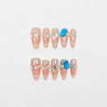 Peach Nude Cat Eye Press On Nails with Blue Gem Accent