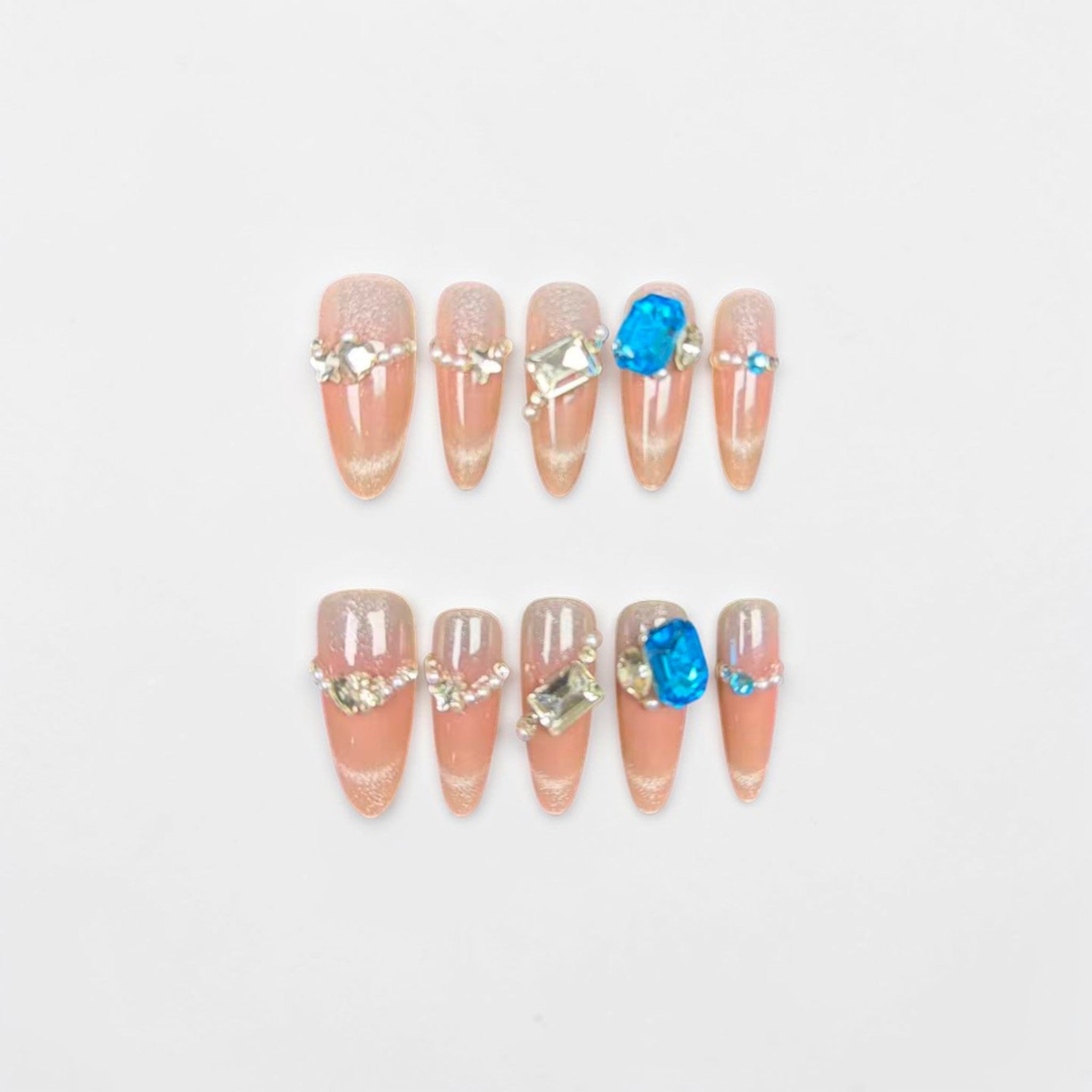 Peach Nude Cat Eye Press On Nails with Blue Gem Accent