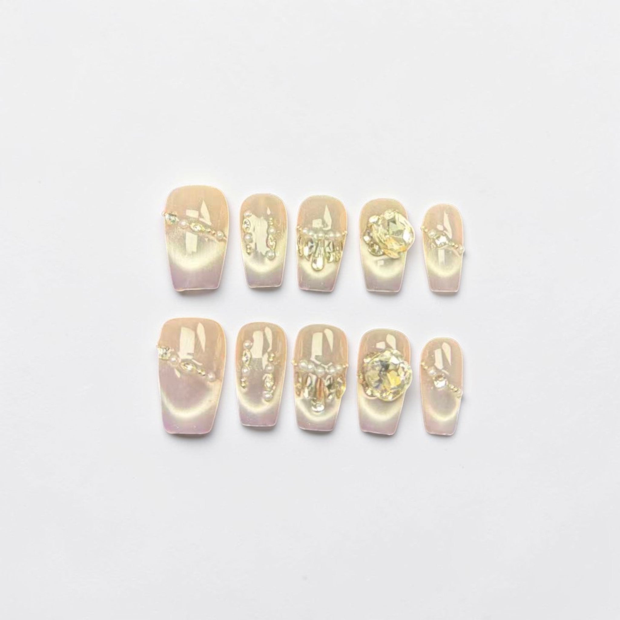 Champagne Pearl Cat Eye Press On Nails with Rhinestones
