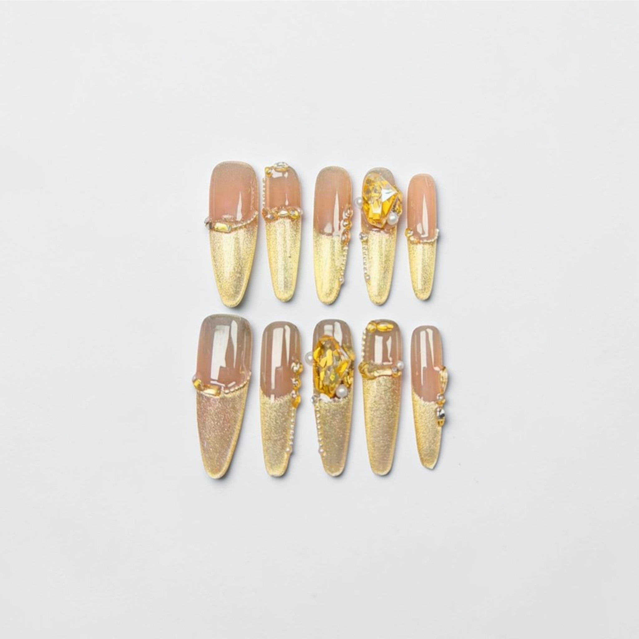 Gold French Tip Press On Nails with Amber Gem Accent