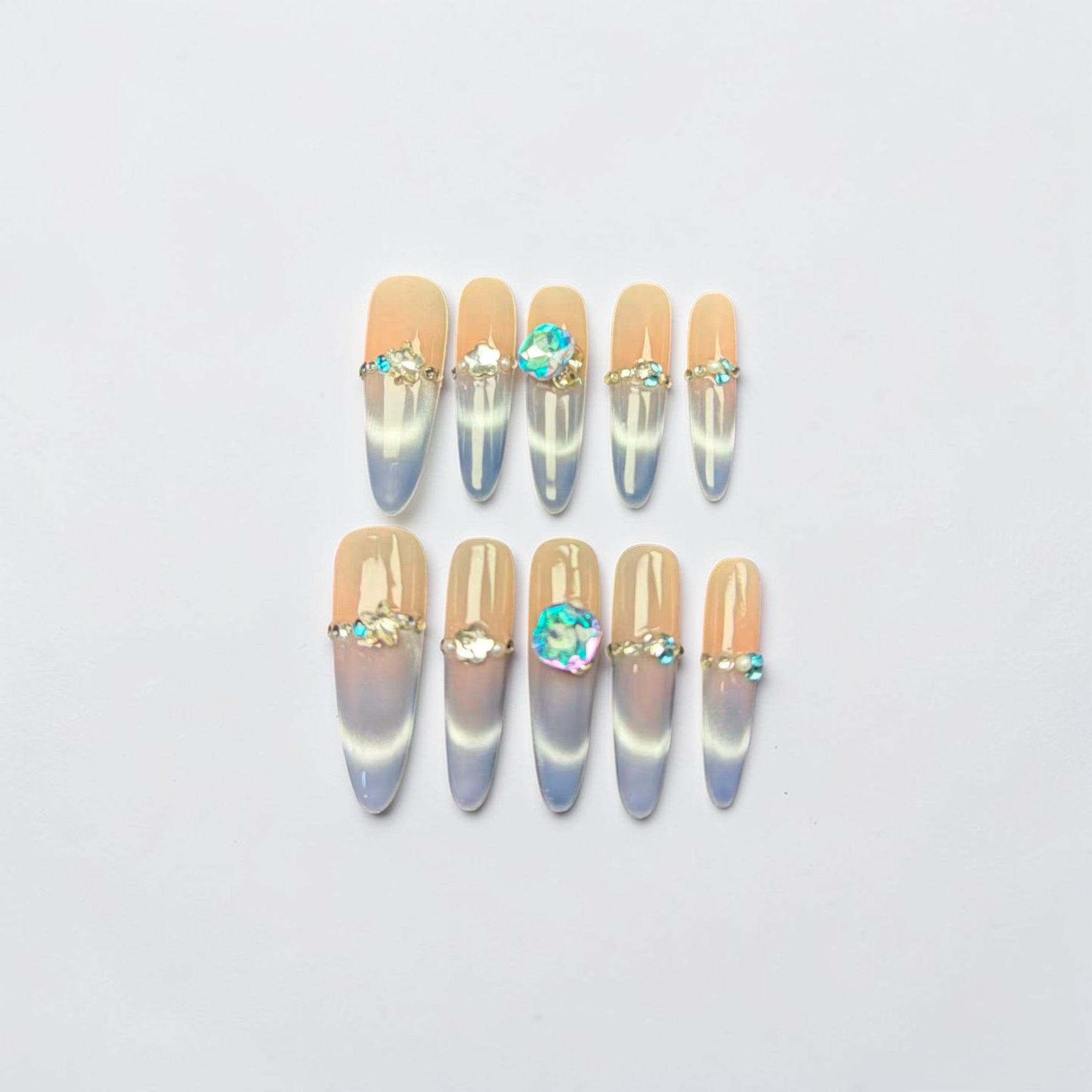 Blue Ombre Press On Nails with Iridescent Gem Accent