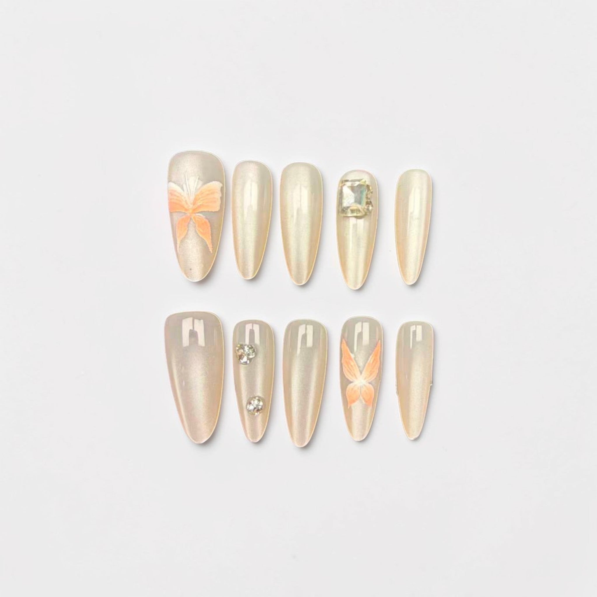 Glossy Pearl Nude Butterfly Cat Eye Press On Nails