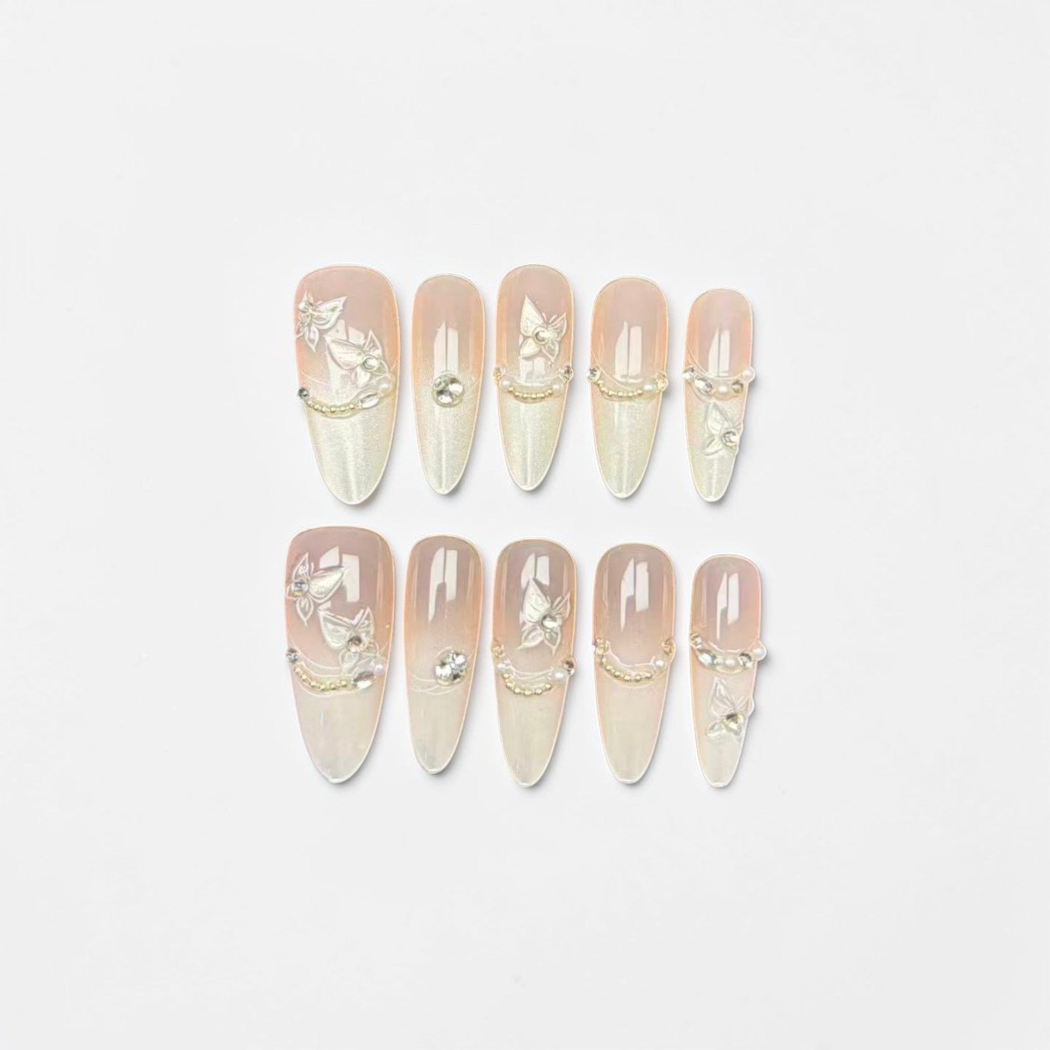 Glossy Nude Pearl Butterfly French Press On Nails