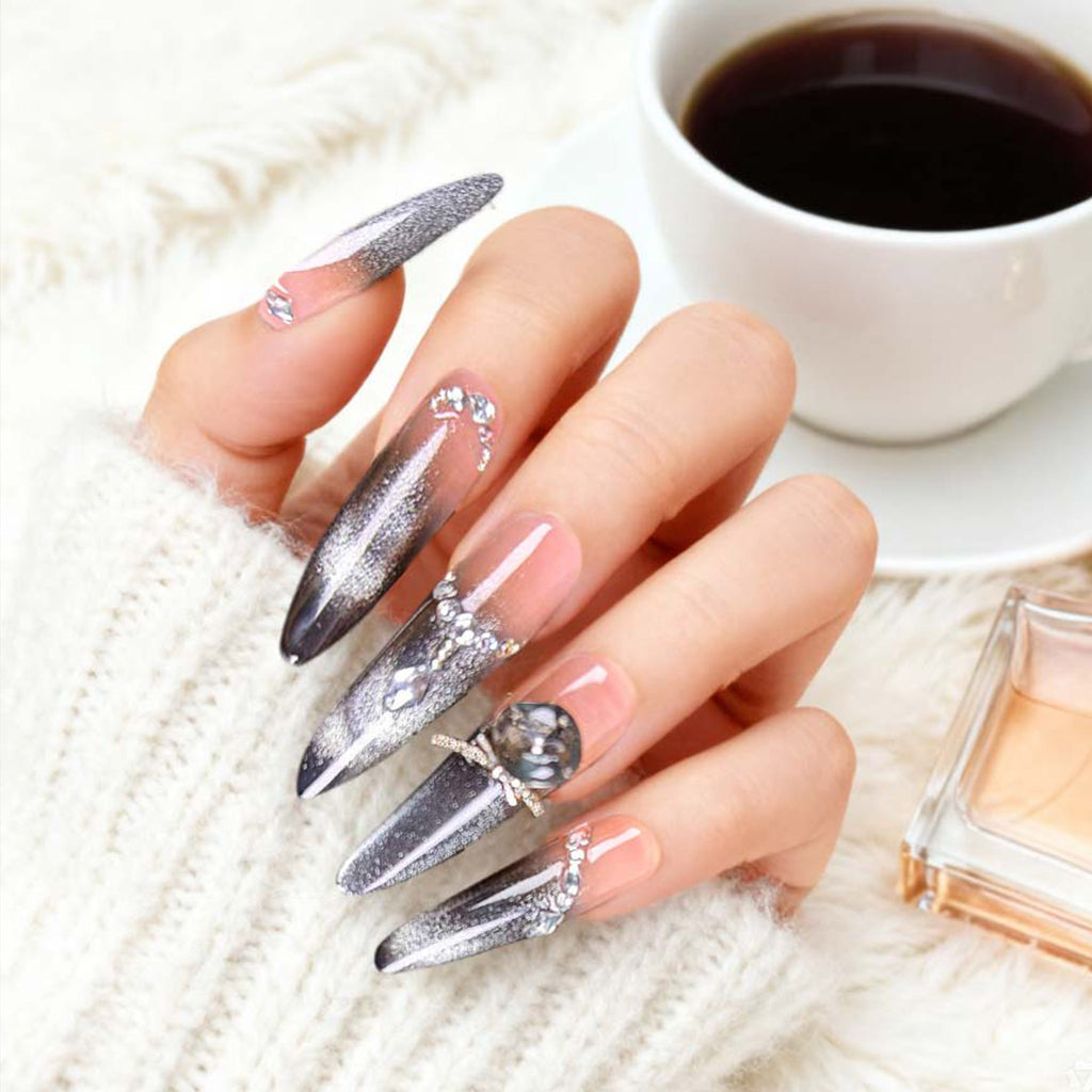 Black Silver Cat Eye Press On Nails