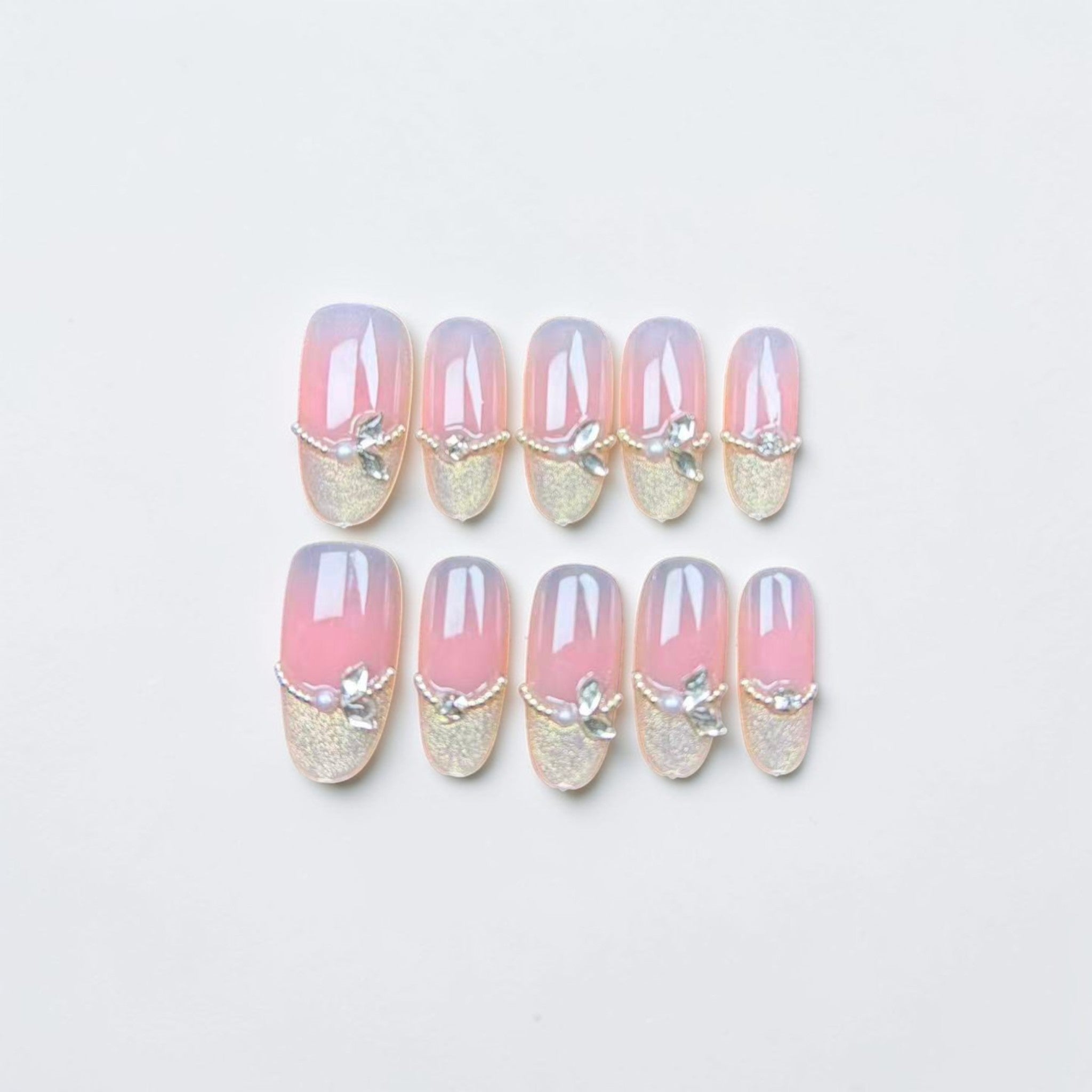 Pink Ombre French Tip Press On Nails with Rhinestones