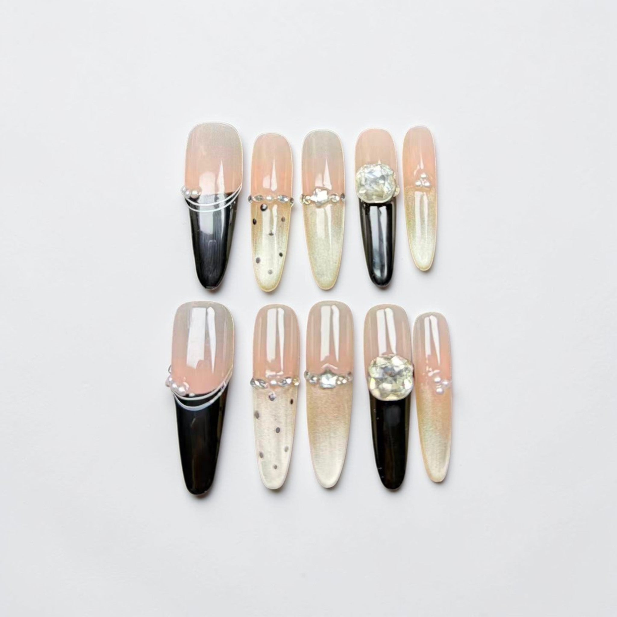 Black Gold French Tip Press On Nails with Rhinestones