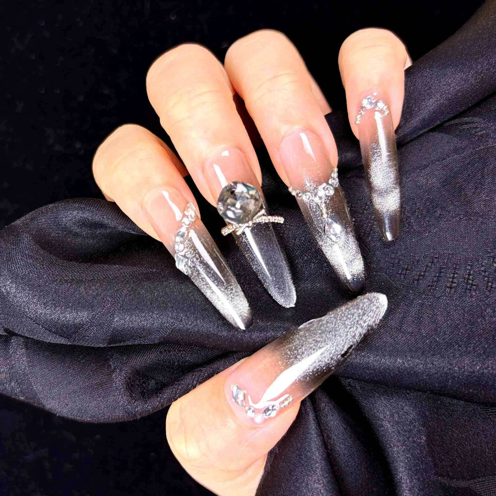 Black Silver Cat Eye Press On Nails
