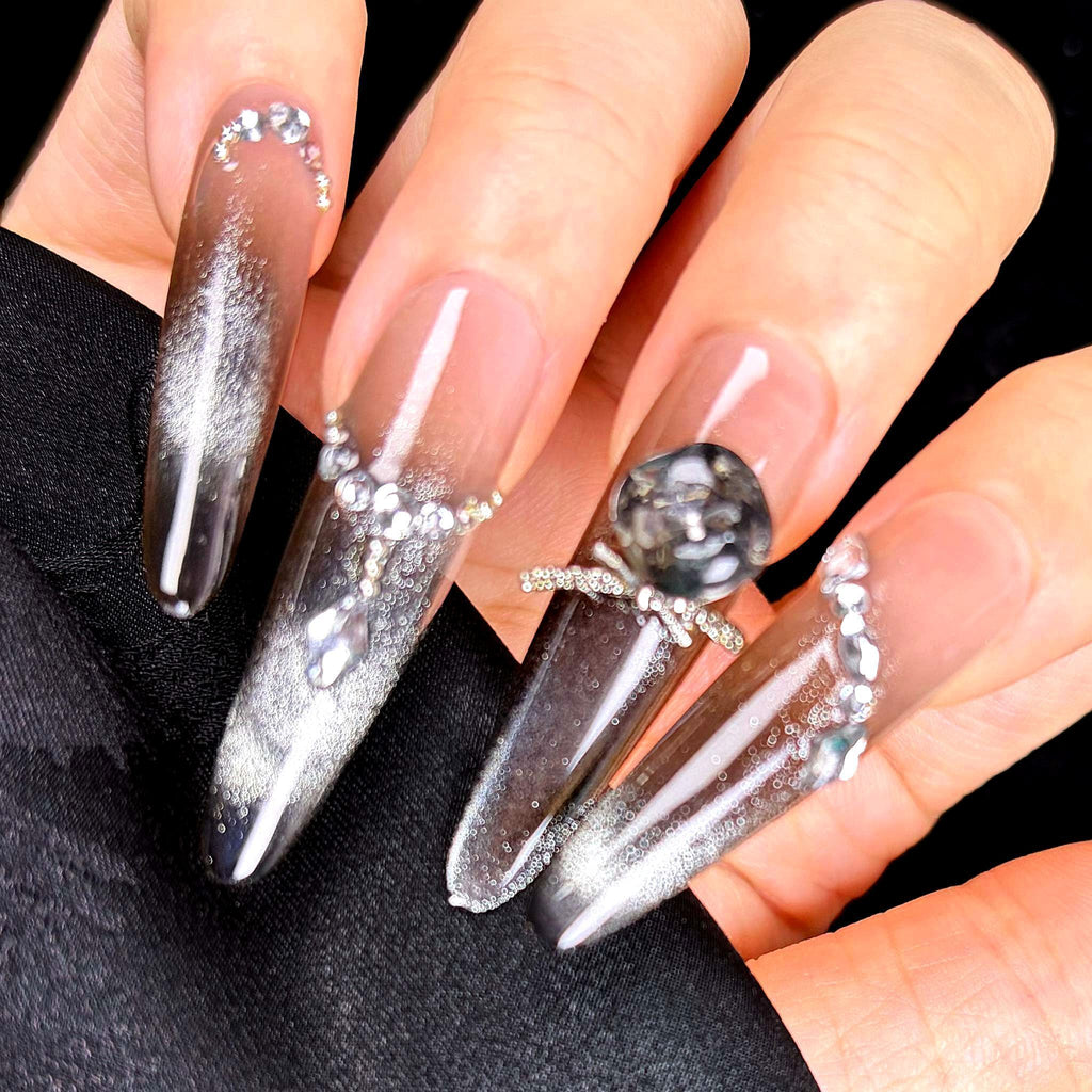 Black Silver Cat Eye Press On Nails