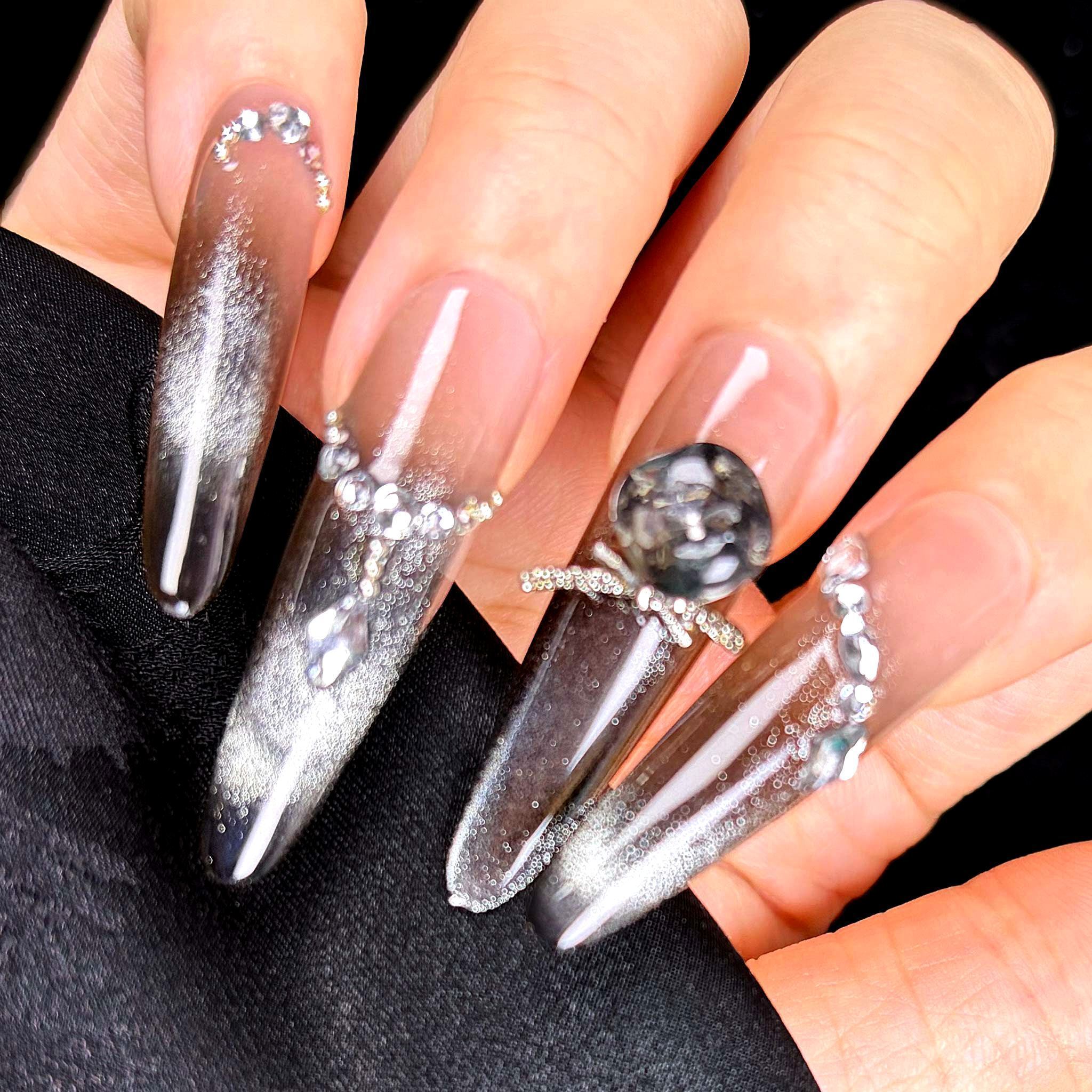 Black Silver Cat Eye Press On Nails