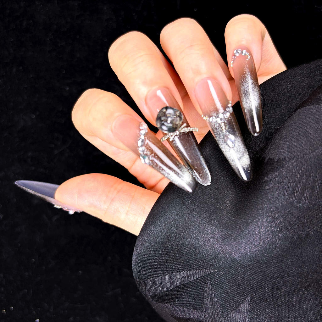 Black Silver Cat Eye Press On Nails